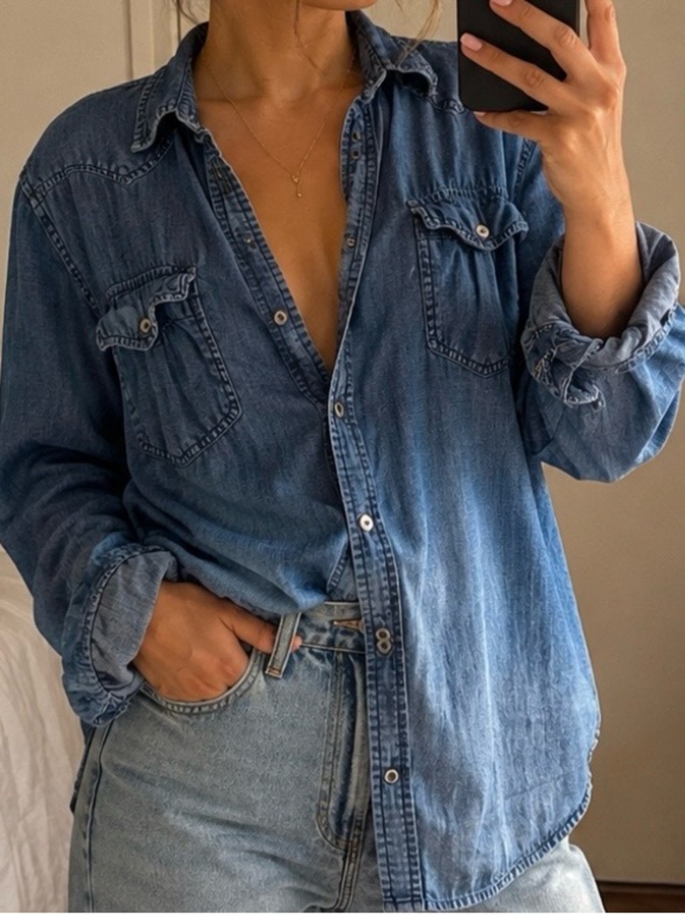 Jean shirt with sleeve folder